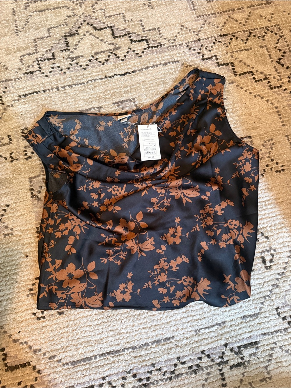 NWT a new day Black Satin Camisole with Brown Floral Print